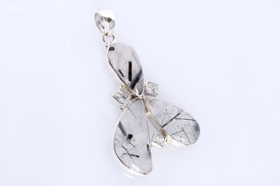 Pietra preziosa quarzo rutilato nero argento sterling 925 ciondolo gioielli... - Immagine 3 di 4