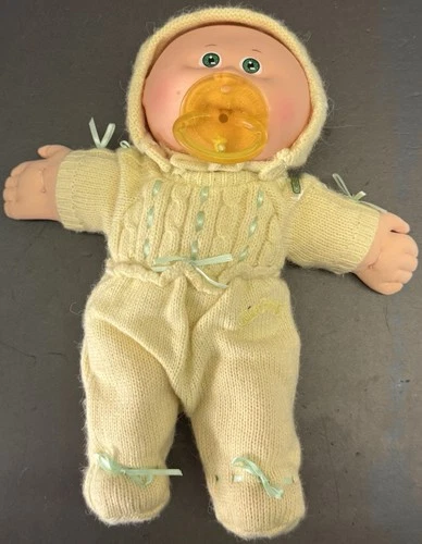 Cabbage Patch Kids Preemie Baby GREEN Eyes Bald Head Outfit Hat Shoe Vtg 1982