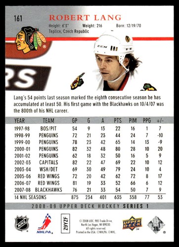 2008-09 Upper Deck #161 Robert Lang Chicago Blackhawks Hockey Card - Picture 2 of 2