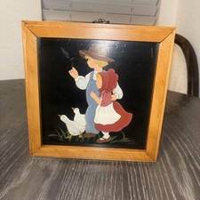 Vintage Wood Wall Mount Hidden Key Holder Cabinet Box with Girl Boy And Ducks