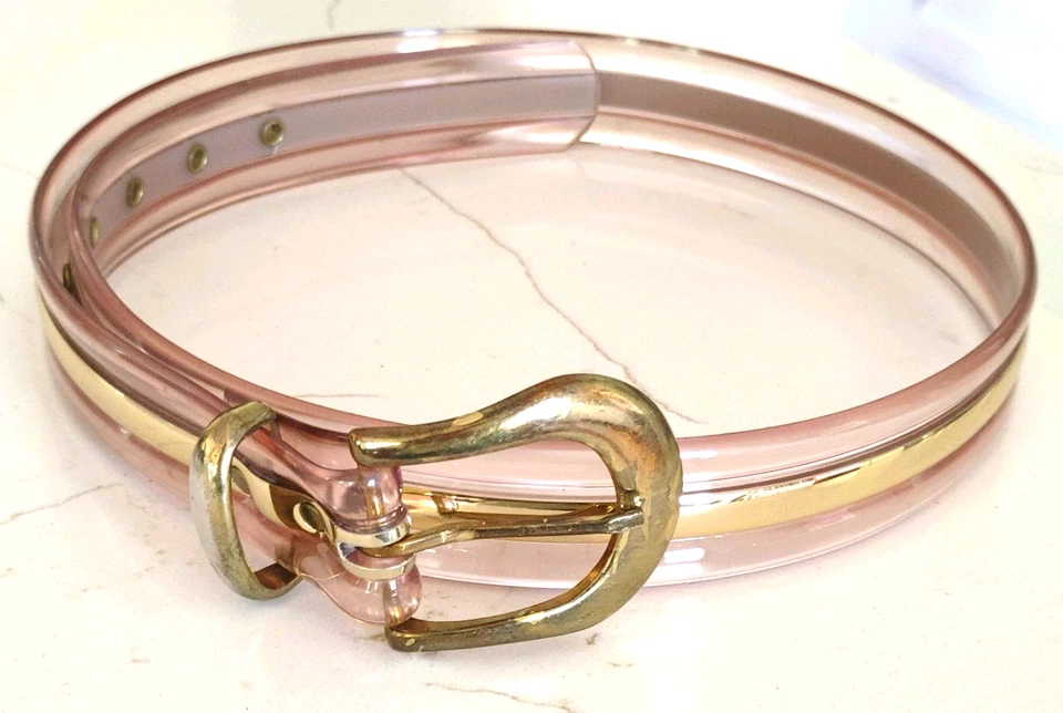 复古 Lucite 皮带透明果冻 37 英寸粉红色色调带金色条纹 Groovy MCM 黄铜 — 第 2/4 张图片