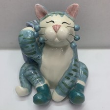 Amy Lacombe Annaco Cat Figurine Blue Striped Kitty With Basket  Wire Wiskers