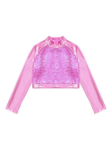 Kids Girls Crop Tops Long Sleeve Turtleneck Shirt Ballet Gymnastics Dancewear - Picture 209 of 265
