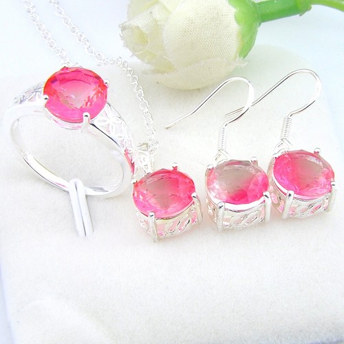 Conjunto de Joyas Redondas 10MM Turmalina Púrpura Plata Pendientes Colgantes Collar Anillos - Imagen 2 de 5