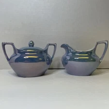 RS Germany Porcelain Blue Lusterware Creamer And Sugar W/ Lid Opalescent Inside