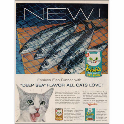 1961 Friskies Cat Food: Deep Sea Flavor Vintage Print Ad