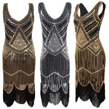 1920s Women Great Party Dresses V-Neck Sequin Evening Fringe Tassel Flapper Gown