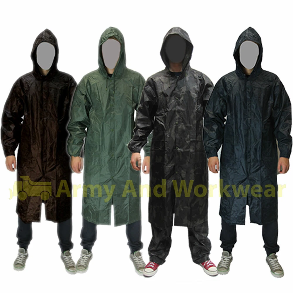 Mens Waterproof LONG Rain Jacket Coat Kagoul Wet Work Army