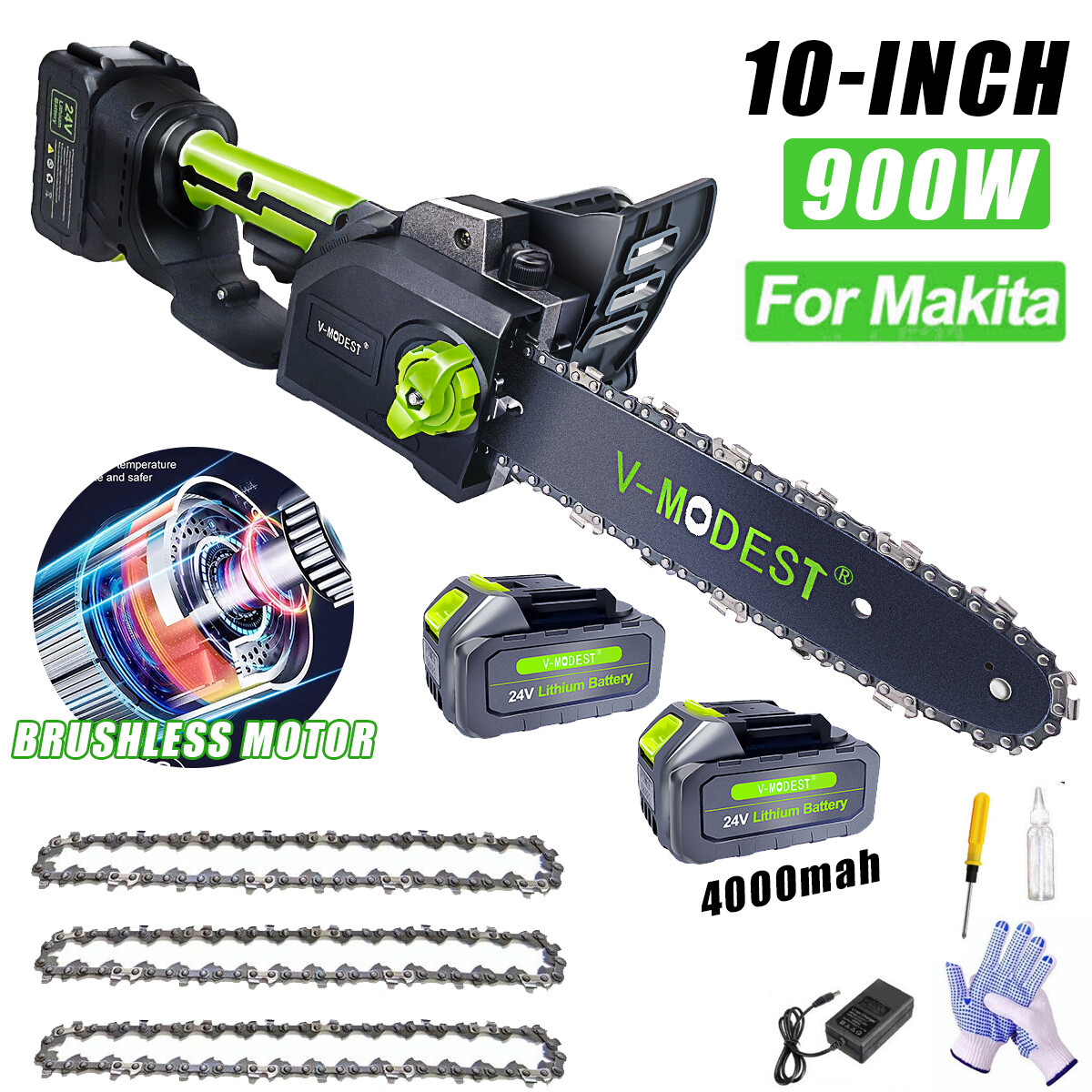 10 Inch Cordless Mini Chainsaw Electric Pruning Chain Saw 900W 24V w/2