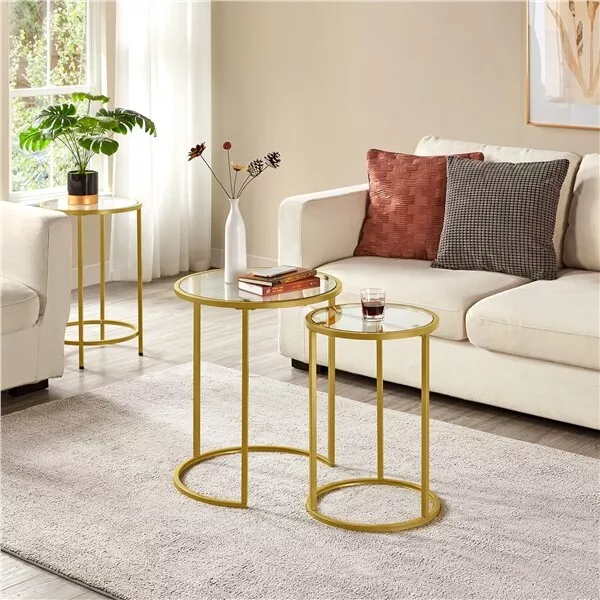 Round Side End Table Gold Nesting Table with Glass Top for Living Room Bedroom