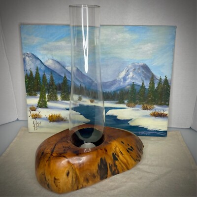 MCM Burl Wood Candle Holder Glass Chimney Farmhouse Cottage core Rustic Cabin