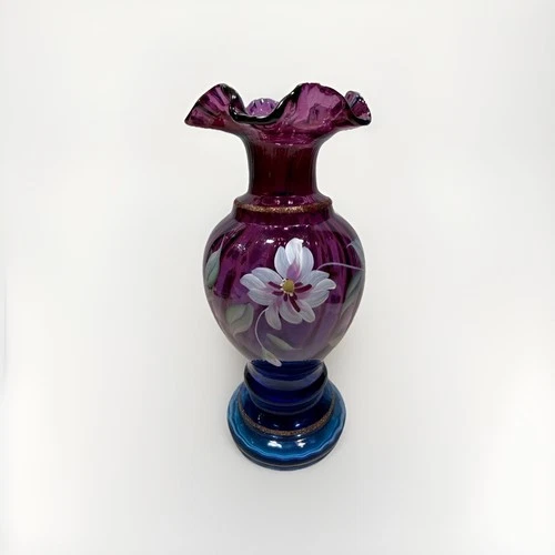 Fenton Mulberry Art Glass Vase Signed 50 Years Commemorative Hand Painted 1996￼