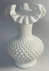 Vintage Fenton White Milk Glass Vase Hobnail Ruffled Double Crimped 10.5" Tall