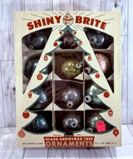 (12) 1950s Shiny Brite 2" CHRISTMAS Ornaments Flocked, Striped, Blue w/Box 99¢