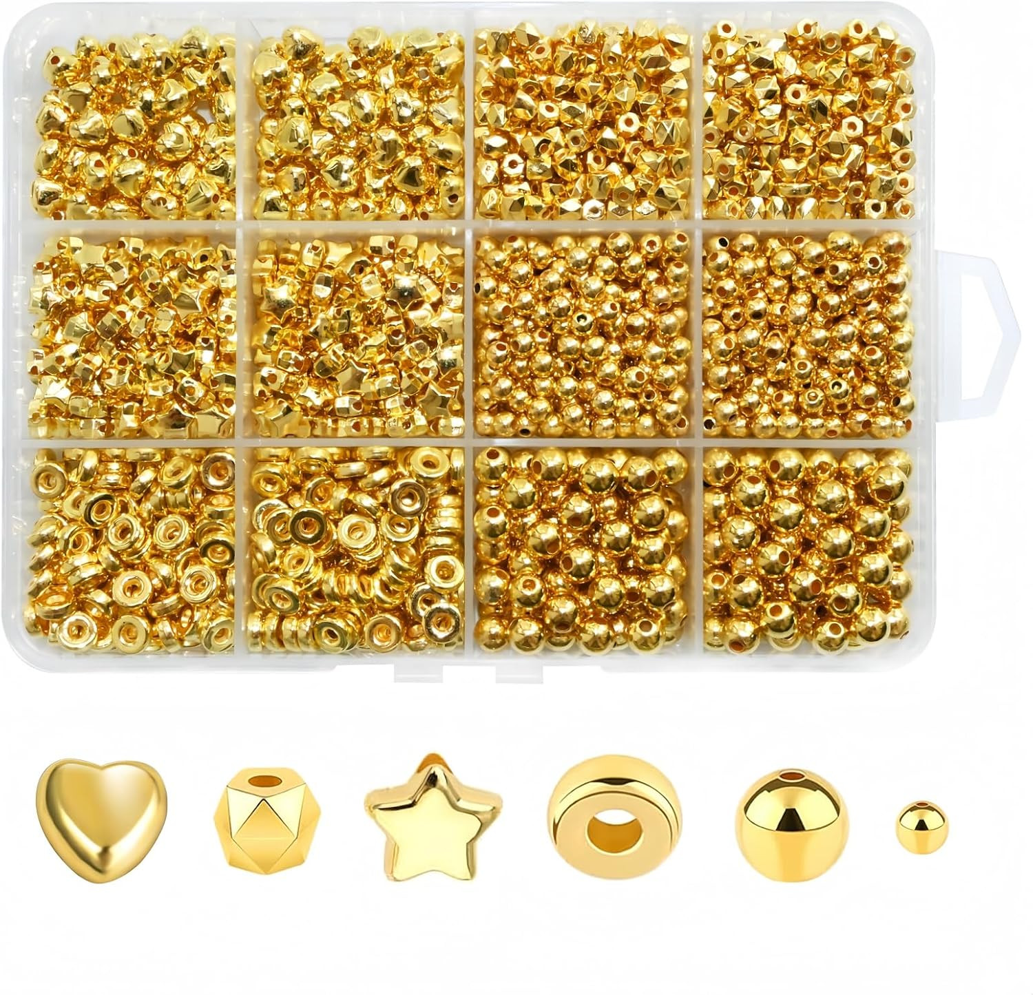 1500pcs Gold Spacer Beads Set, Assorted Round Star Gold Beads for Bracelet Jewel