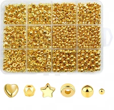 1500pcs Gold Spacer Beads Set, Assorted Round Star Gold Beads for Bracelet Jewel