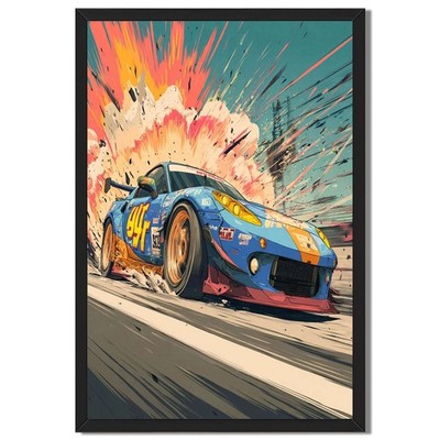Speeding Race Car Poster Framed Canvas Print Wall Art Painting Pictures