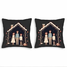 Set of 2 18x18in Throw Pillow Covers - Cozy Winter Family Scene with Snowy House
