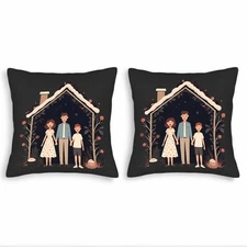 Set of 2 18x18in Throw Pillow Covers - Cozy Winter Family Scene with Snowy House