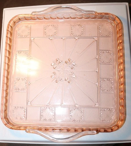 Vintage Jeanette Glass Co Pink Square Serving Cake Plate Handles 8.25”