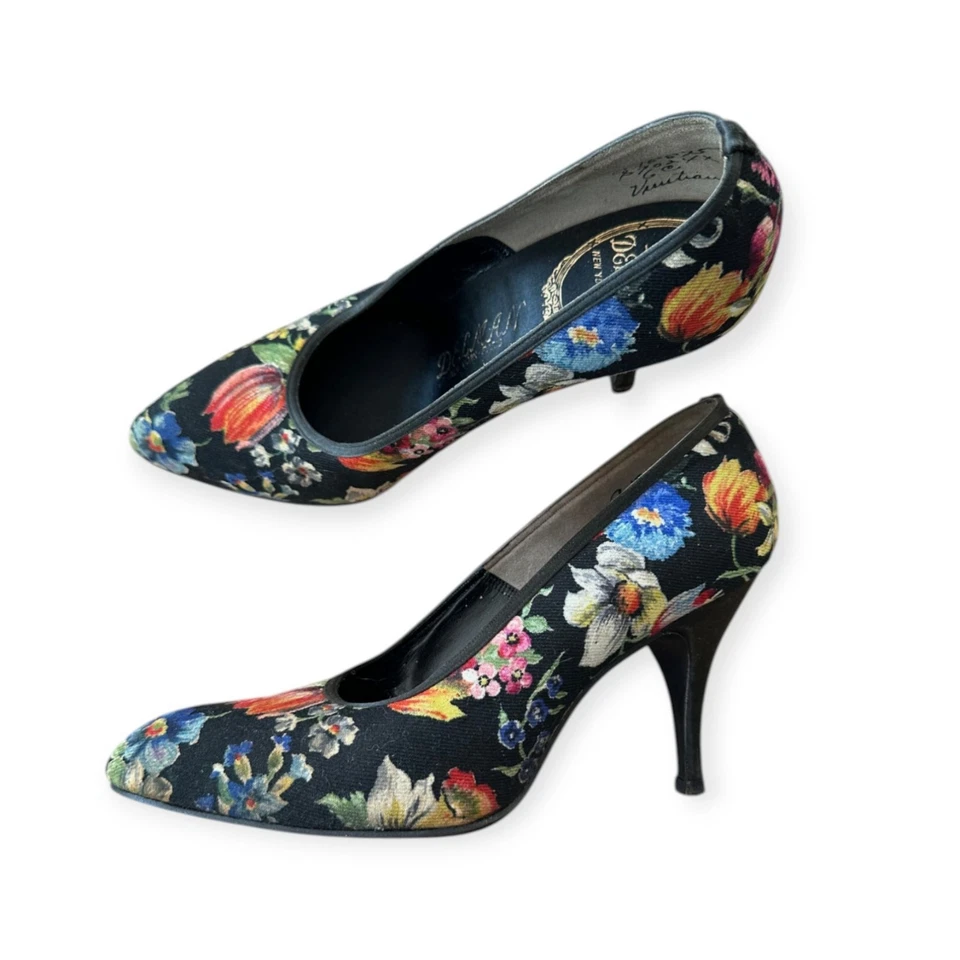 Tacones florales vintage Delman - zapatos de salón negros multicolores - talla 6C Foto 2 de 4