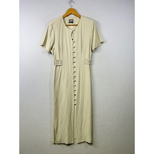 Vintage Classic Sheath Dress Women Size 10 Beige Button Front Midi Dress