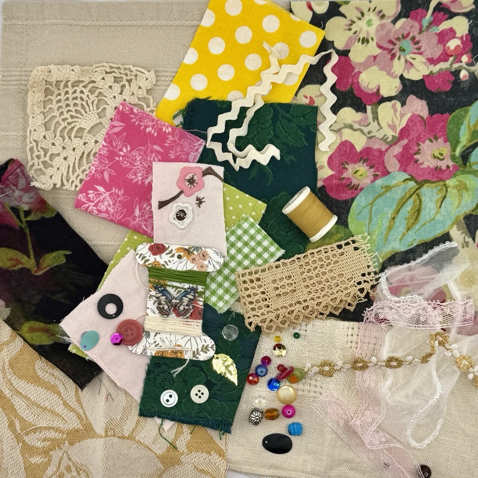 Slow Stitch Pink Green Yellow Kit Embroidery Vintage Trim Lace Floss Scrap Craft - Image 2 of 4