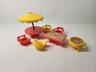Vtg 1972 Fisher Price Little people Umbrella Table 4 Chairs, Extra Table & Grill