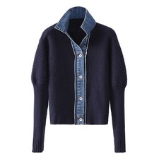 Women Autumn Winter Knitted Sweater Denim Stitching Jacket Knitwear Outwear