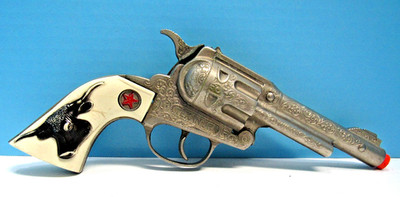 VTG. TEXAS JR. 10'' TOY CAP GUN WITH RED STAR & STEER HEAD IVORY GRIPS BY HUBLEY
