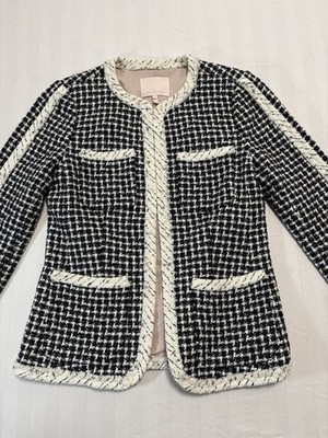Rebecca Taylor Jacket Women's 6 Tweed Wool Leather & Fringe Trim Patch Pocket