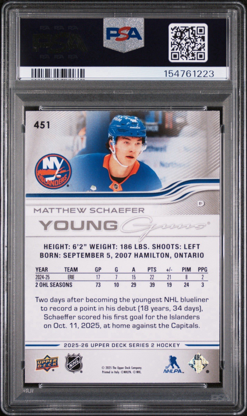 2025-26 Upper Deck - Young Guns - Matthew Schaefer (RC) - PSA 10🔥 view 2