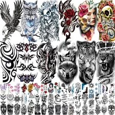 72 Sheets Temporary Tattoo for Men Women Adults Include 12 Sheets Large Black...