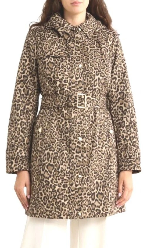 Michael Kors Womens Brown Animal Print Full Zip Hooded Mid Trench Coat Sz M New