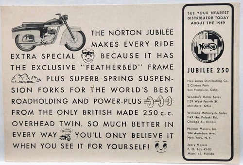 1959 Norton Jubilee 250cc Motorcycle MCM Original Print Ad 1950s