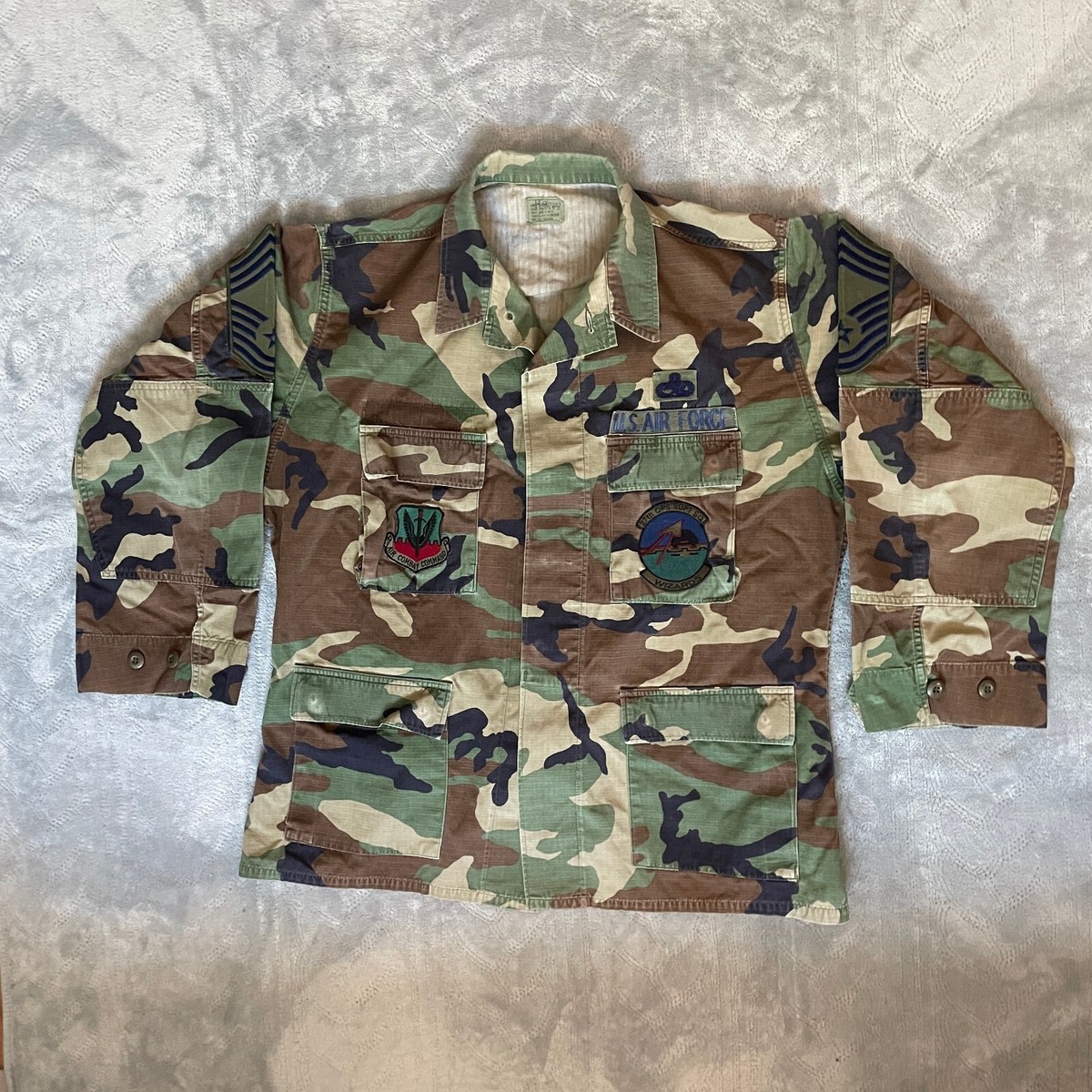 US Military Airforce Shirt Jacket Mens Large Woodland Camo BDU Combat Flaw