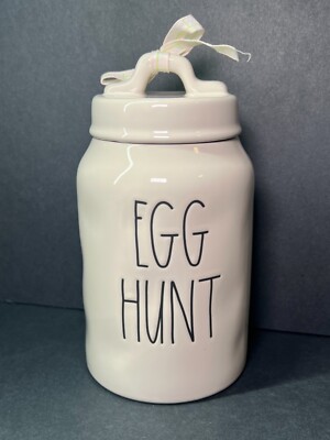 Rae Dunn Easter ''Egg Hunt'' Glossy White Ceramic Canister + Lid