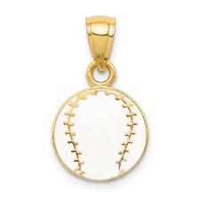 14K Yellow Gold Textured Back White Enameled Baseball Ball Sports Charm Pendant
