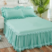 3PCS Lace Ruffled Bed Skirt Dust Deep Drop Bedspread Sheet Pillowcases Bedding