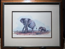 Elephants  Signed by Alan James Robinson Double Matted Print Framed 19 x 15