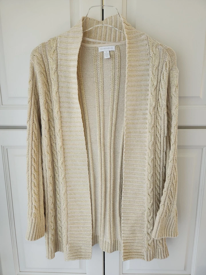 Charter Club Cárdigan Abierto Suéter Dorado Tostado XL Tejido con Cable Chal Cuello Vacaciones Foto 2 de 4