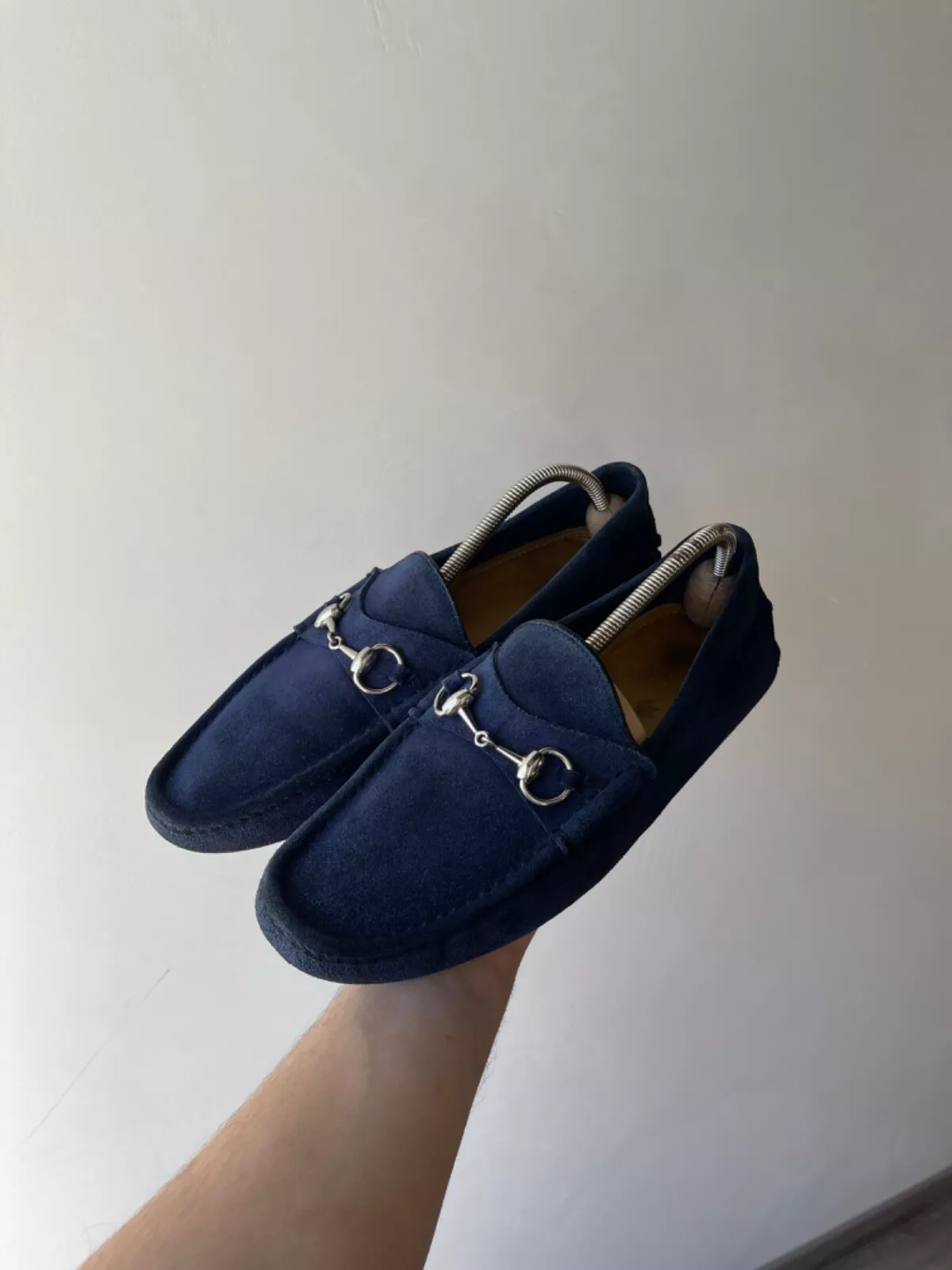 Mocassins GUCCI Web Horsebit Conduite Cuir Bleu Grainé Taille 9 Homme Chaussures Daim