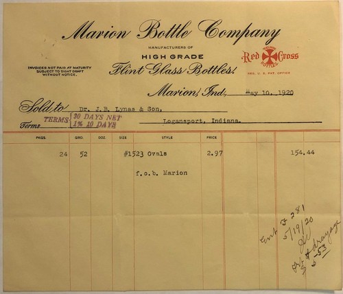 Marion Bottle Co. 1920 Rechnung Feuersteinflaschen Marion, Zoll an Dr. J.B. Lynas & Sohn