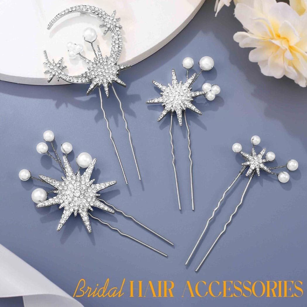 レジン クリップ スタームーン Silver Moon Star Hair Pins Rhinestone Wedding Hair Clips Pearl