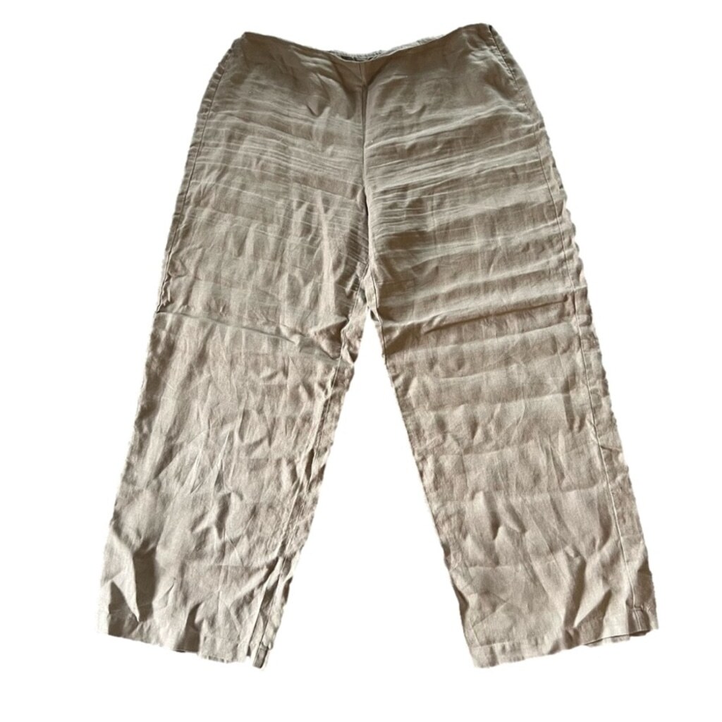 EILEEN FISHER Beige Irish Linen Wide Leg Trousers Size LP Lagenlook Long Line