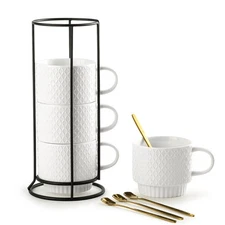 Stackable Coffee Mugs Set with Stand, Coffe Cup with Tea Spoon 13 Ounce Cups ...