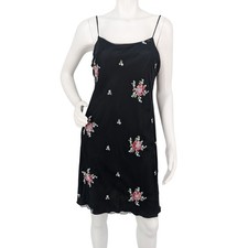 Vtg Y2K Sheer Mesh Overlay Mini Slip Dress Floral Embroidered Whimsigoth USA 12