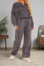 Womens Acid Wash Oversized Bomber Style Fleece Zipper Co-ord