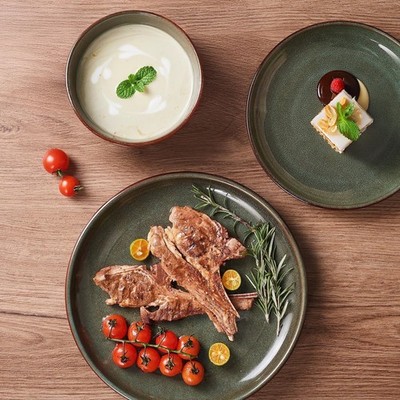 Pokini W-PTS21-C 12-Piece Stoneware Dinnerware Set with Reactive Gradient Green