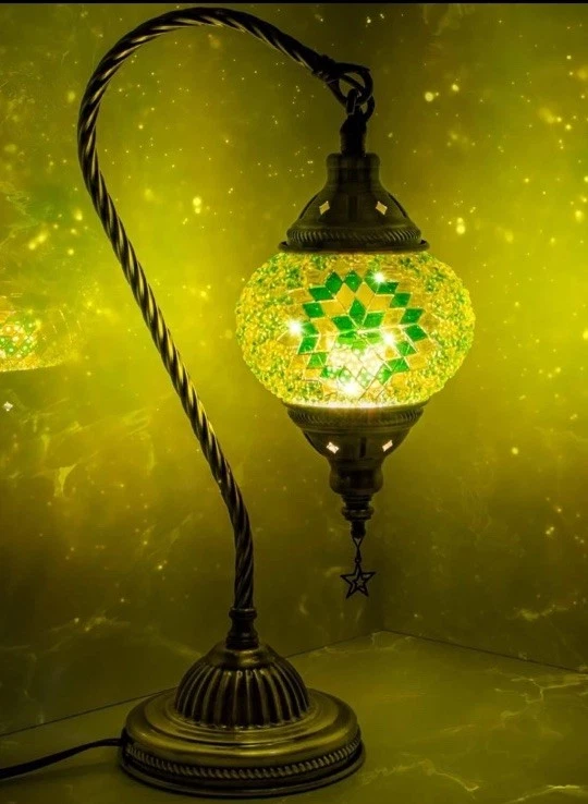 Lámpara de noche turca marroquí de mosaico - Decoración del hogar moderna verde amarillo bronce Foto 2 de 4